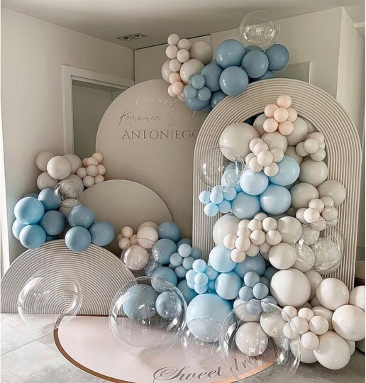 Greentek; Dusty Blue Balloon Garland Kit – Double-Stuffed Blue, Pastel & White Balloons for Baby Shower, Wedding, Birthday; Category:Balloon Banners & Kits; Image:1